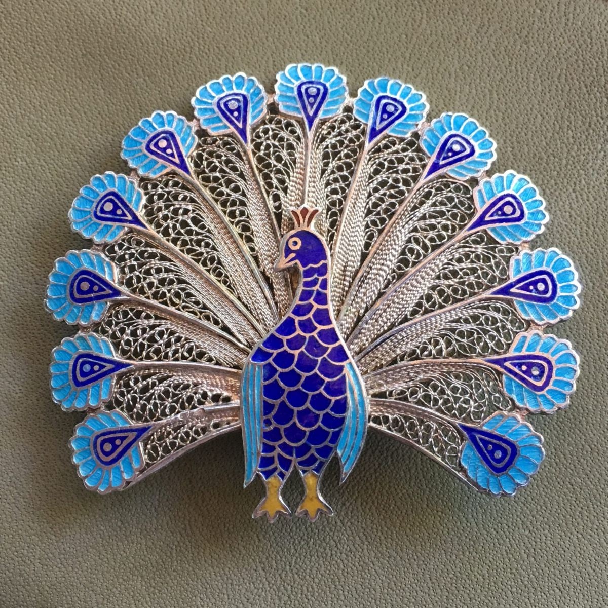Enamel Peacock with Fine Filigree Feathers