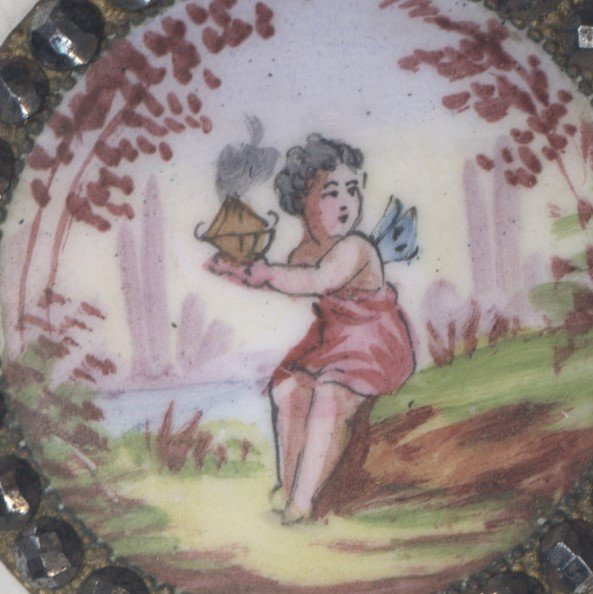 Enamel, winged putto with a lamp