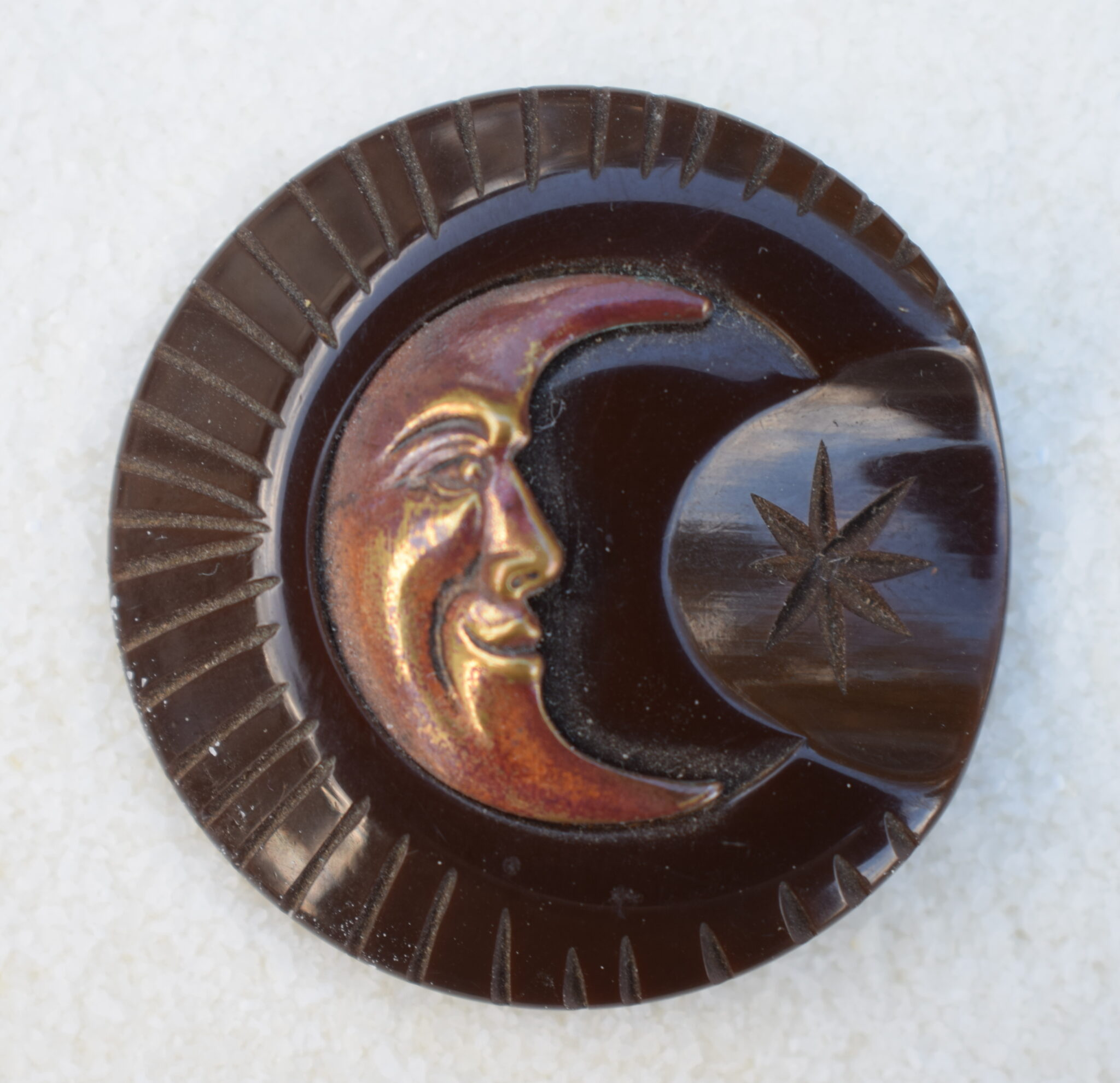 Bakelite Button with Brass Moon and Carved Star